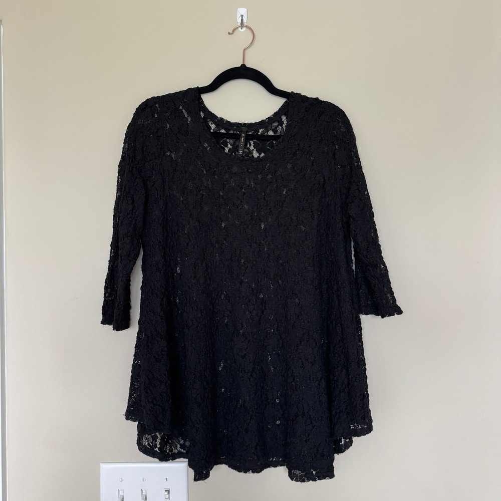 IC by Connie K Black Floral Lace Tunic Top Sheer 3/4 Sleeve Large